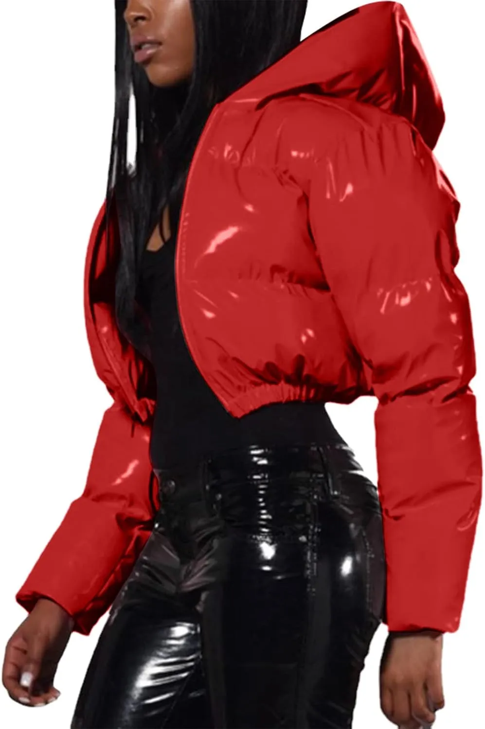 Women's Coat Ladies Autumn And Winter Warm Short Shiny Padded Hooded Leather Jacket Womens Jackets