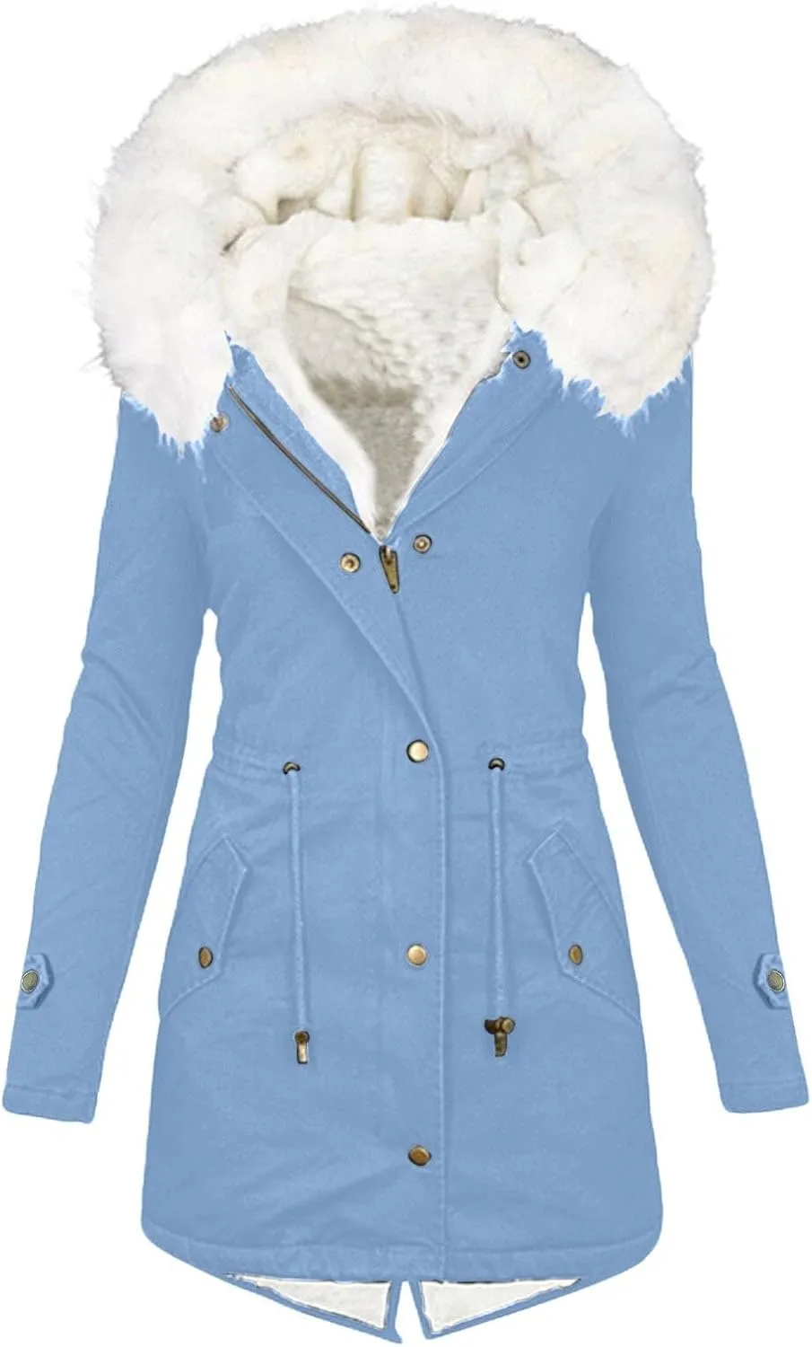 Womens Coats Plus Size Overcoats with Fur Hood Fleece Chunky Jackets Zipper Button Outerwear Winter Warm Jackets