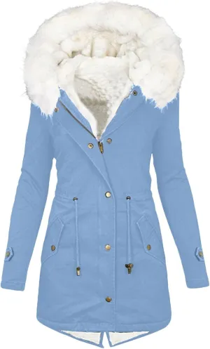 Womens Coats Plus Size Overcoats with Fur Hood Fleece Chunky Jackets Zipper Button Outerwear Winter Warm Jackets