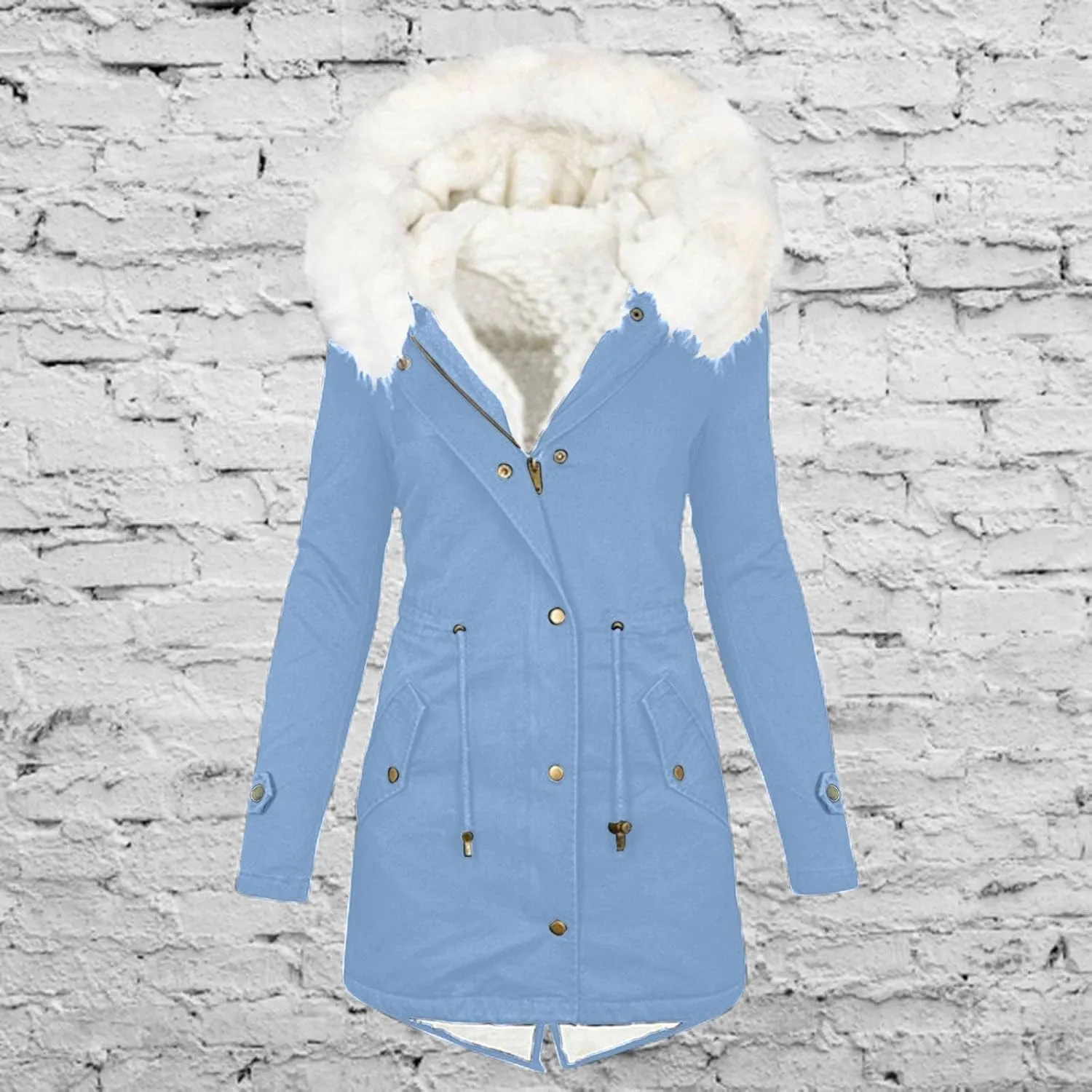 Womens Coats Plus Size Overcoats with Fur Hood Fleece Chunky Jackets Zipper Button Outerwear Winter Warm Jackets