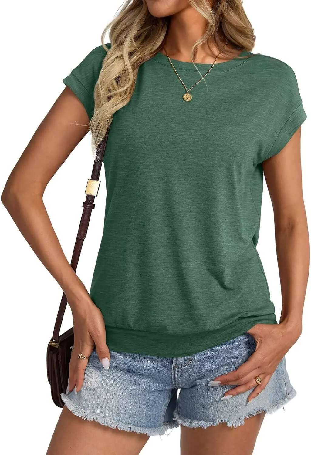 Womens Crewneck Cap Sleeve T Shirts Banded Bottom Top Loose Fit Short Sleeves Tee Casual Summer Basic Tops 2025
