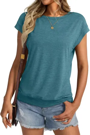Womens Crewneck Cap Sleeve T Shirts Banded Bottom Top Loose Fit Short Sleeves Tee Casual Summer Basic Tops 2025