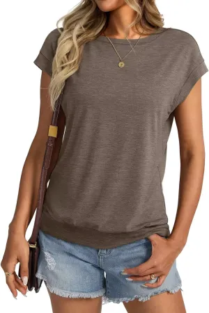 Womens Crewneck Cap Sleeve T Shirts Banded Bottom Top Loose Fit Short Sleeves Tee Casual Summer Basic Tops 2025