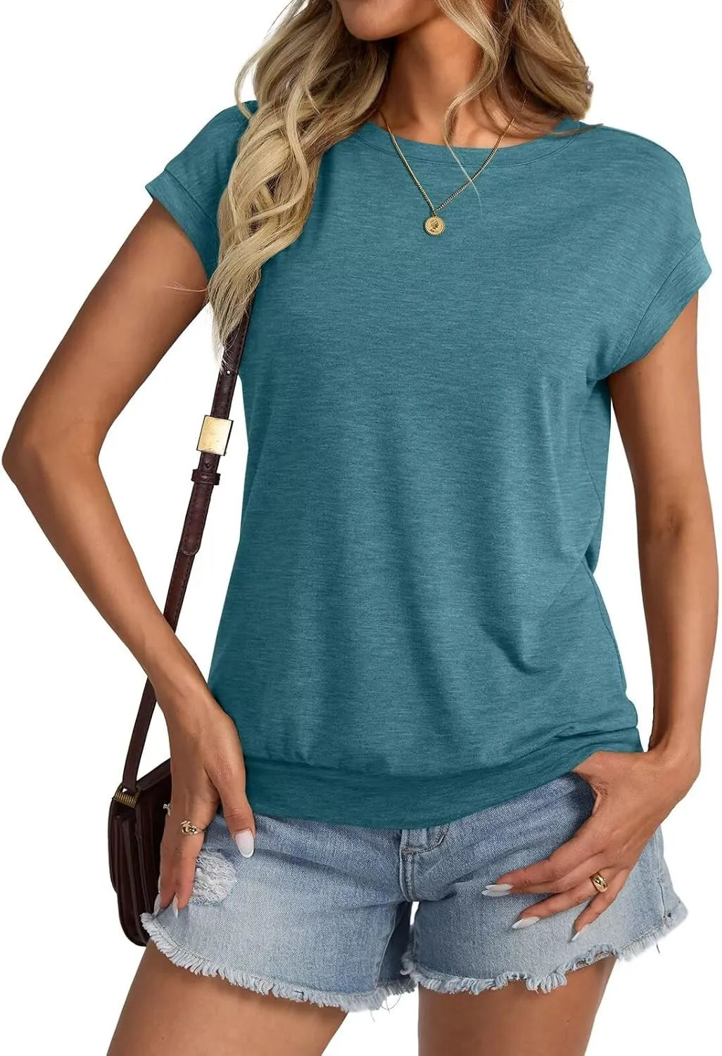 Womens Crewneck Cap Sleeve T Shirts Banded Bottom Top Loose Fit Short Sleeves Tee Casual Summer Basic Tops 2025