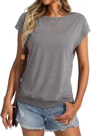 Womens Crewneck Cap Sleeve T Shirts Banded Bottom Top Loose Fit Short Sleeves Tee Casual Summer Basic Tops 2025