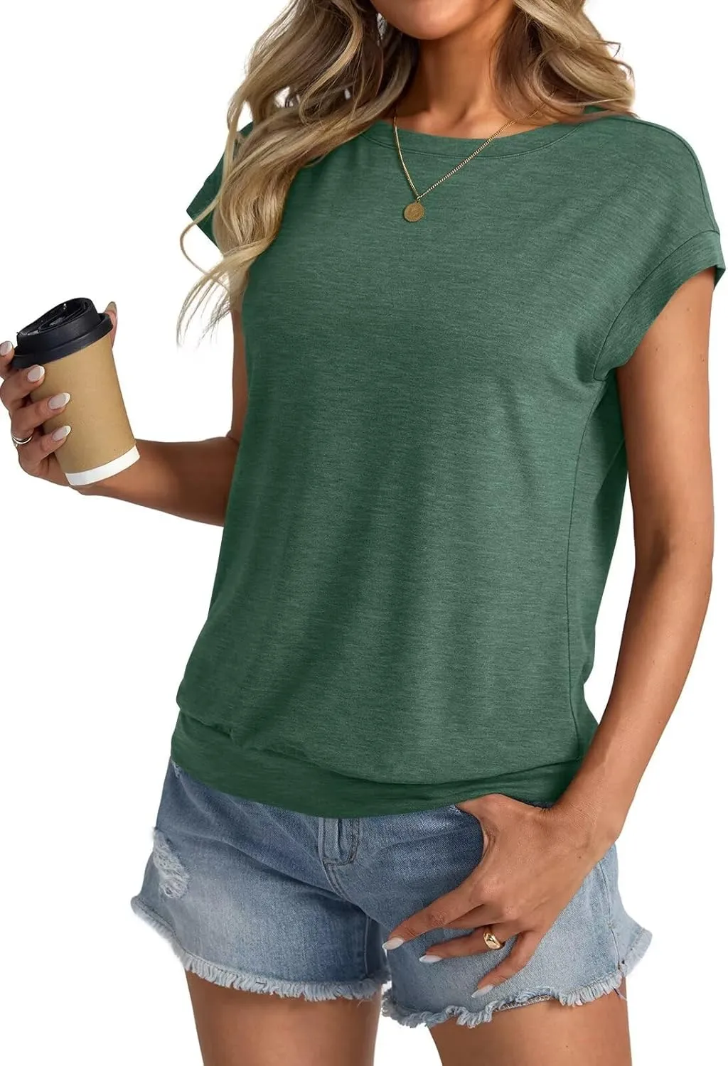 Womens Crewneck Cap Sleeve T Shirts Banded Bottom Top Loose Fit Short Sleeves Tee Casual Summer Basic Tops 2025