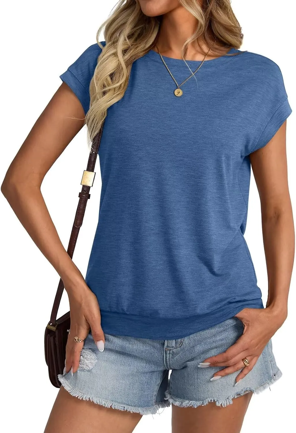 Womens Crewneck Cap Sleeve T Shirts Banded Bottom Top Loose Fit Short Sleeves Tee Casual Summer Basic Tops 2025