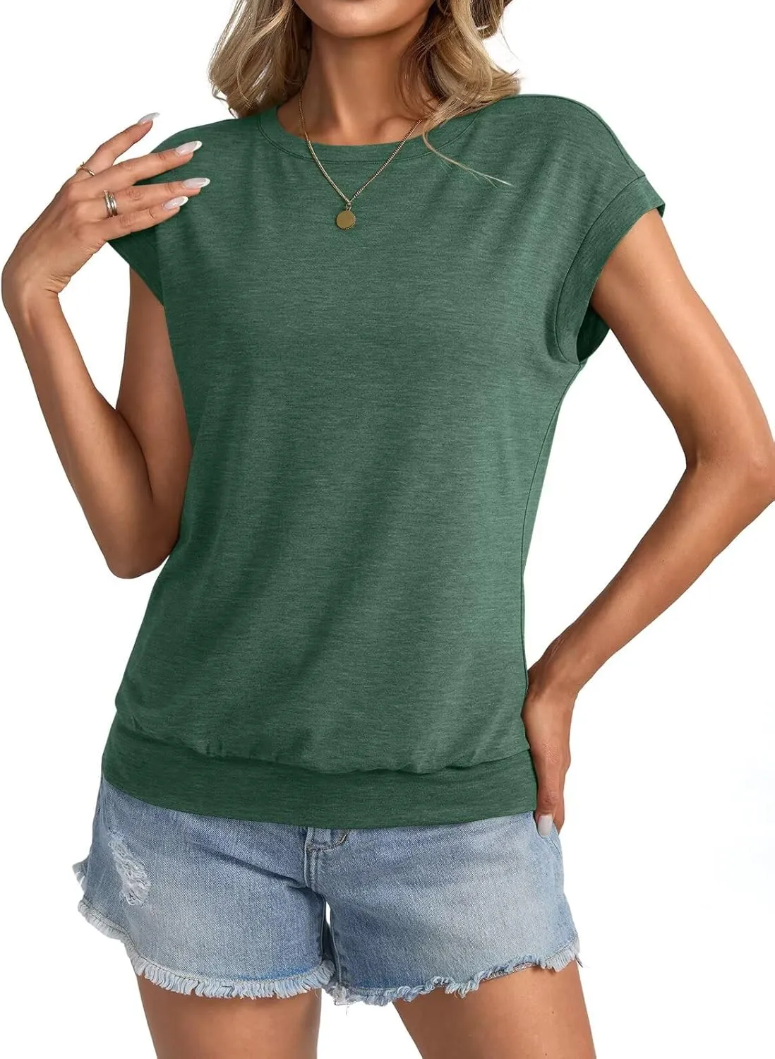 Womens Crewneck Cap Sleeve T Shirts Banded Bottom Top Loose Fit Short Sleeves Tee Casual Summer Basic Tops 2025
