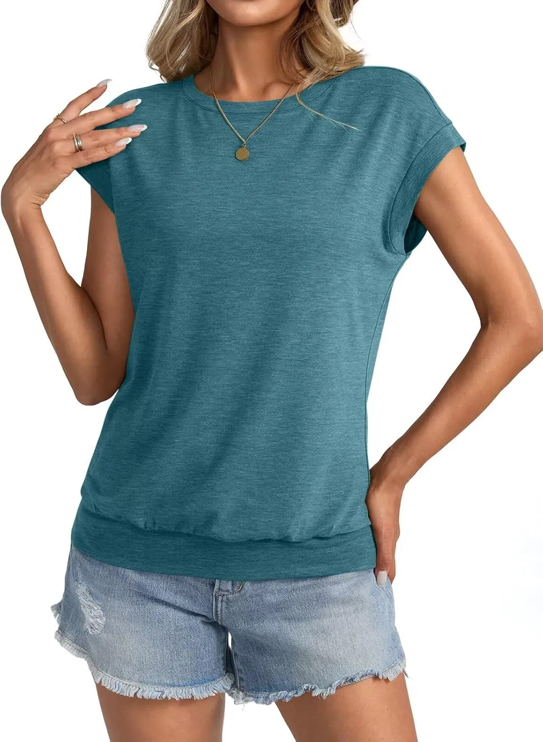 Womens Crewneck Cap Sleeve T Shirts Banded Bottom Top Loose Fit Short Sleeves Tee Casual Summer Basic Tops 2025