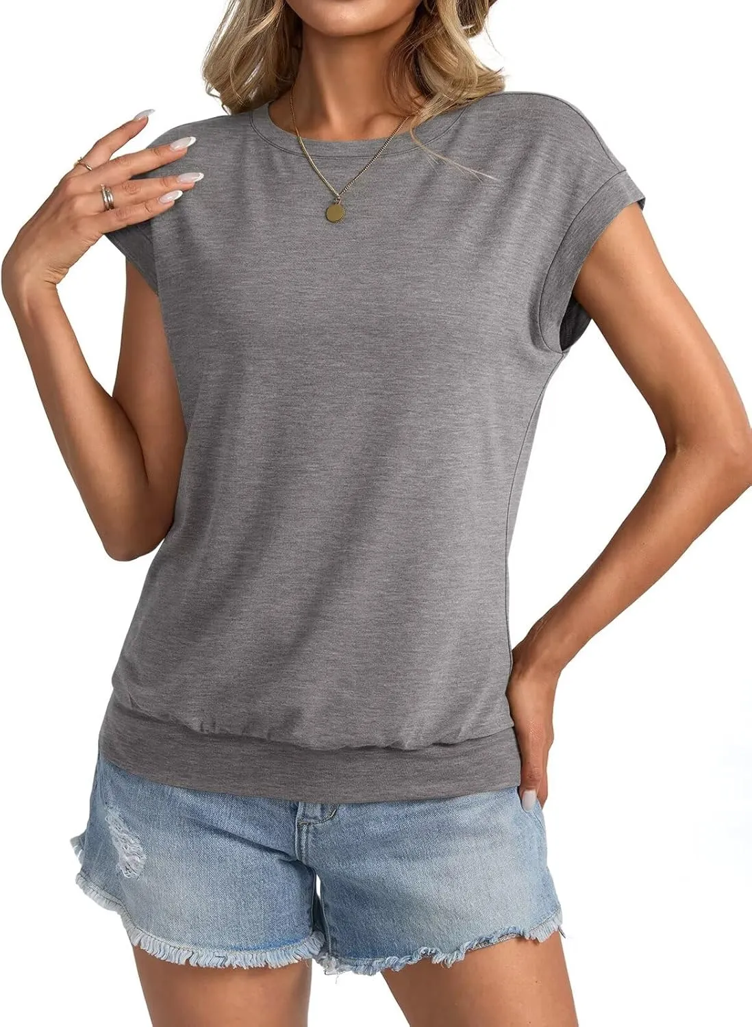 Womens Crewneck Cap Sleeve T Shirts Banded Bottom Top Loose Fit Short Sleeves Tee Casual Summer Basic Tops 2025