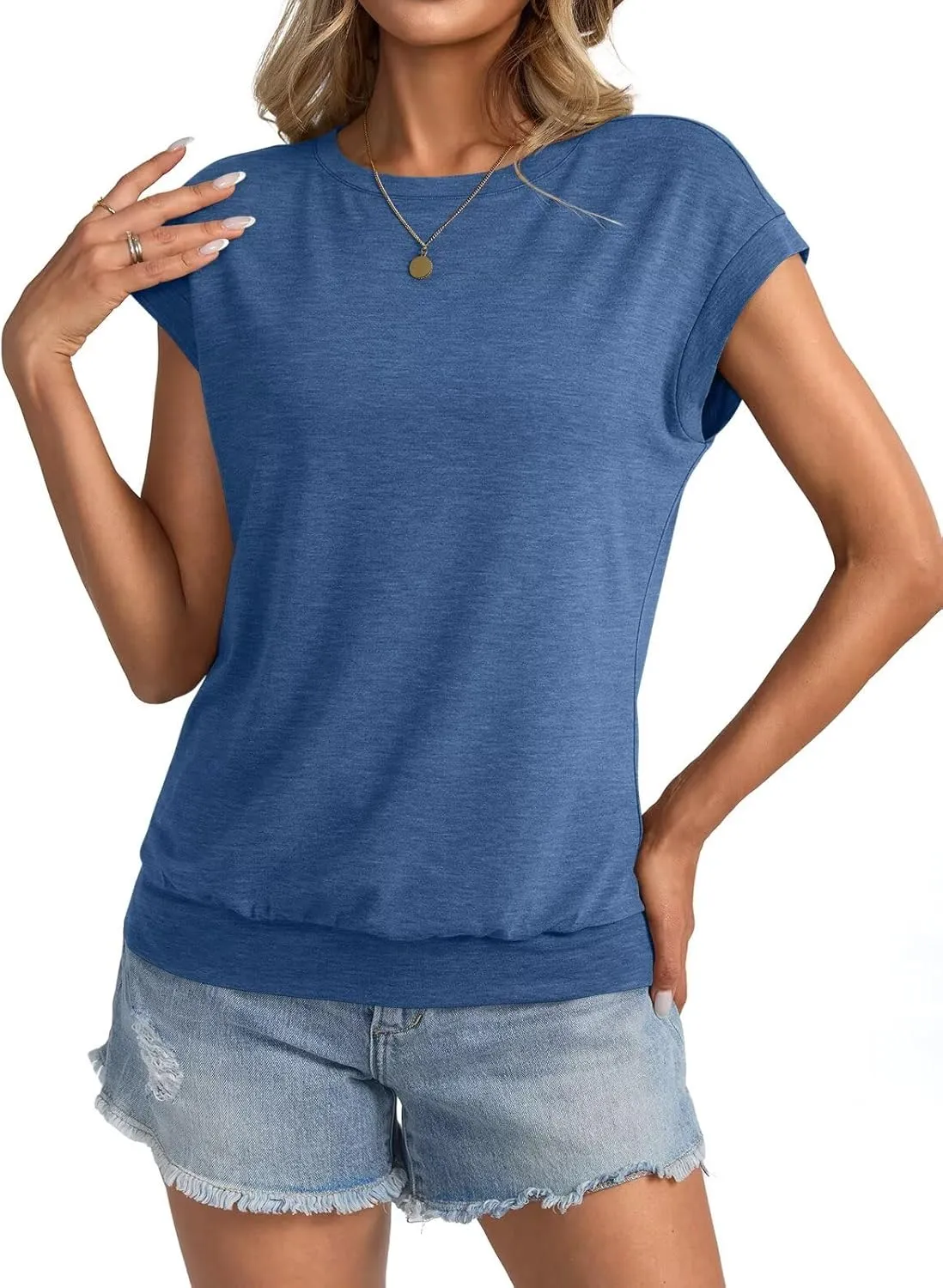 Womens Crewneck Cap Sleeve T Shirts Banded Bottom Top Loose Fit Short Sleeves Tee Casual Summer Basic Tops 2025