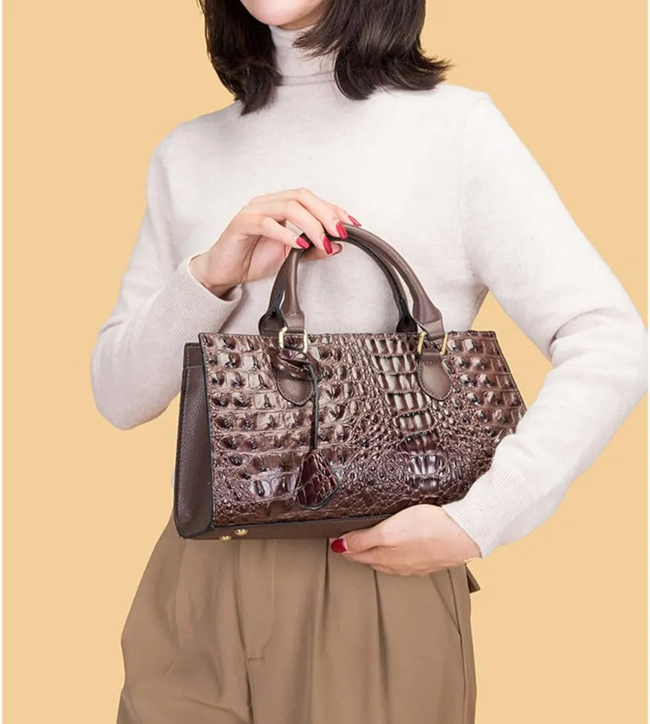 Womens Crocodile Pattern Leather Satchel Purse - Medium Tote Crossbody Handbag with Clutch Set