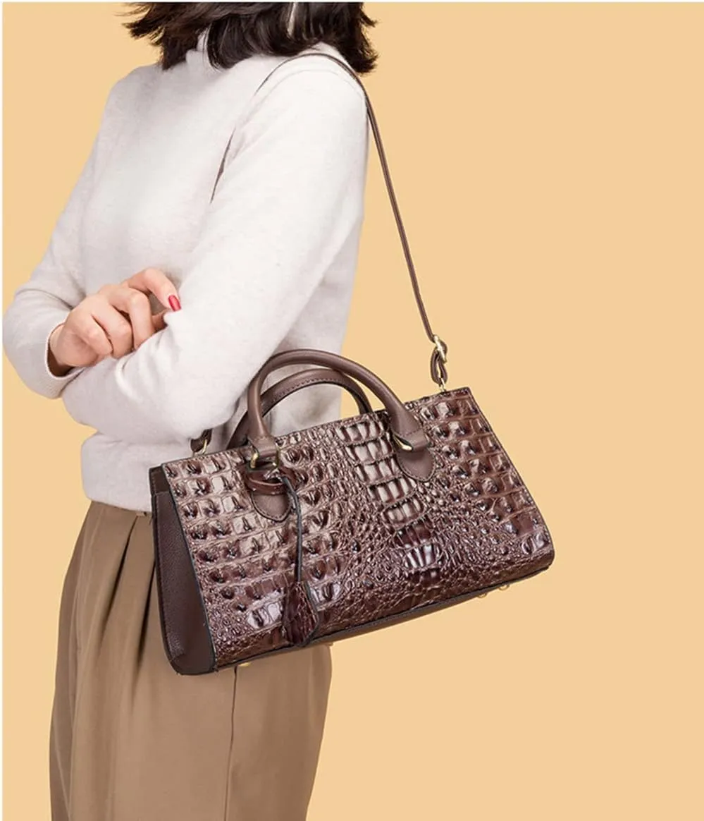 Womens Crocodile Pattern Leather Satchel Purse - Medium Tote Crossbody Handbag with Clutch Set