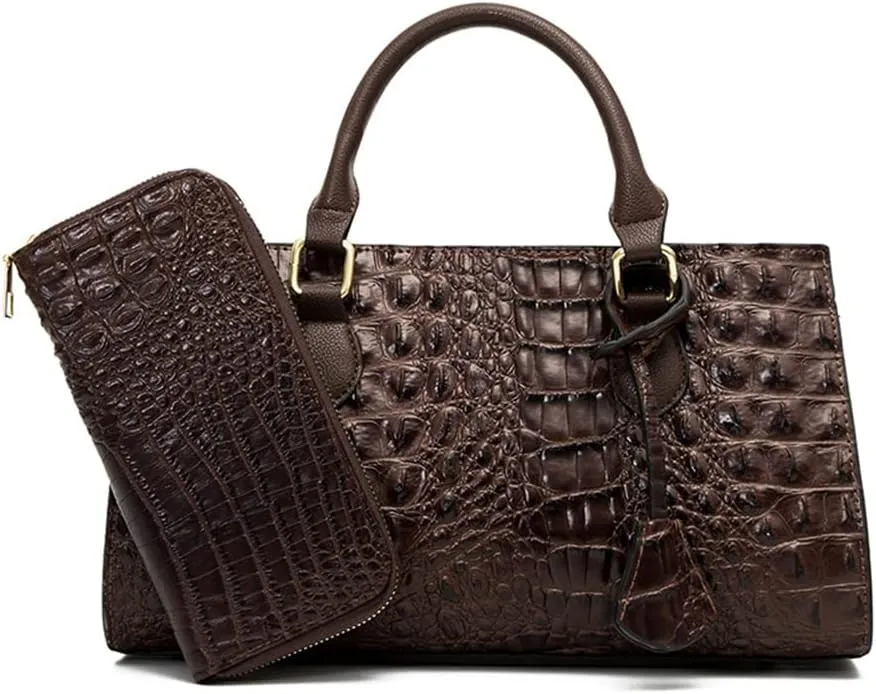 Womens Crocodile Pattern Leather Satchel Purse - Medium Tote Crossbody Handbag with Clutch Set