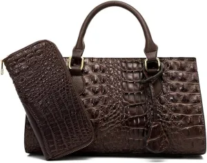 Womens Crocodile Pattern Leather Satchel Purse - Medium Tote Crossbody Handbag with Clutch Set