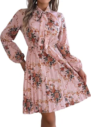 Womens Dresses 2024 Floral V Neck Ruffle Long Sleeve Chiffon Elastic Waist Casual A-Line Mini Dress S~XL