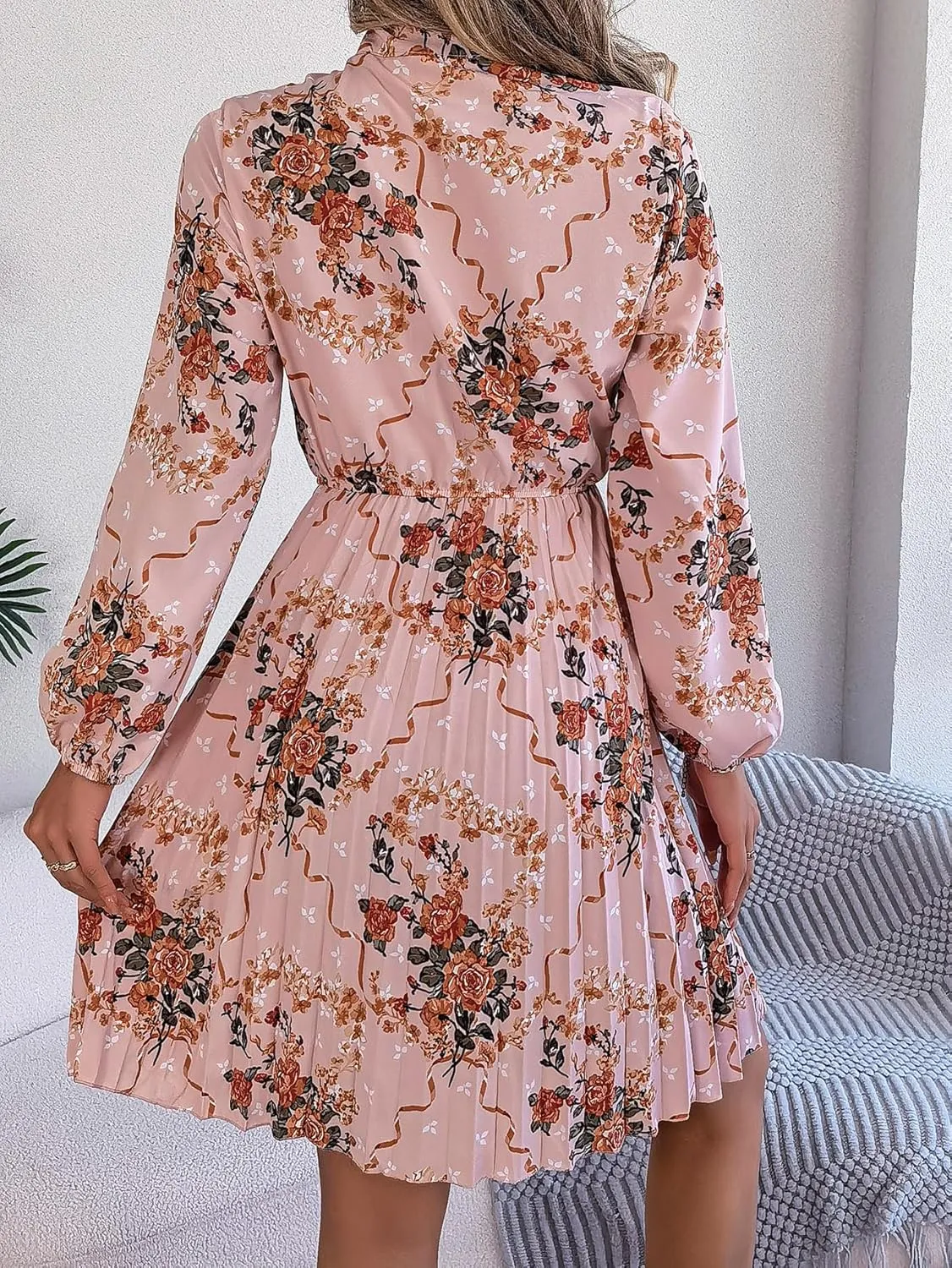 Womens Dresses 2024 Floral V Neck Ruffle Long Sleeve Chiffon Elastic Waist Casual A-Line Mini Dress S~XL