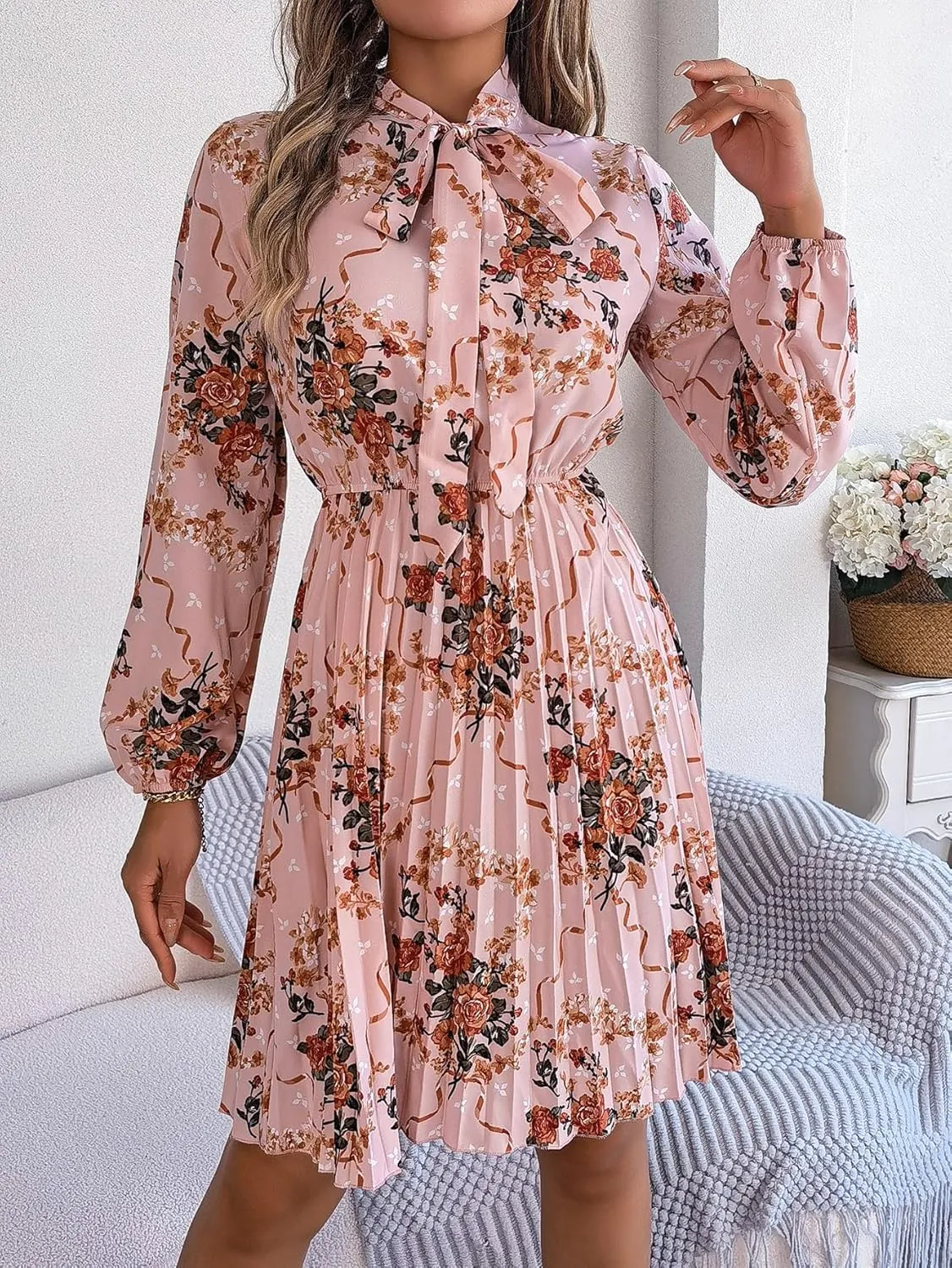 Womens Dresses 2024 Floral V Neck Ruffle Long Sleeve Chiffon Elastic Waist Casual A-Line Mini Dress S~XL