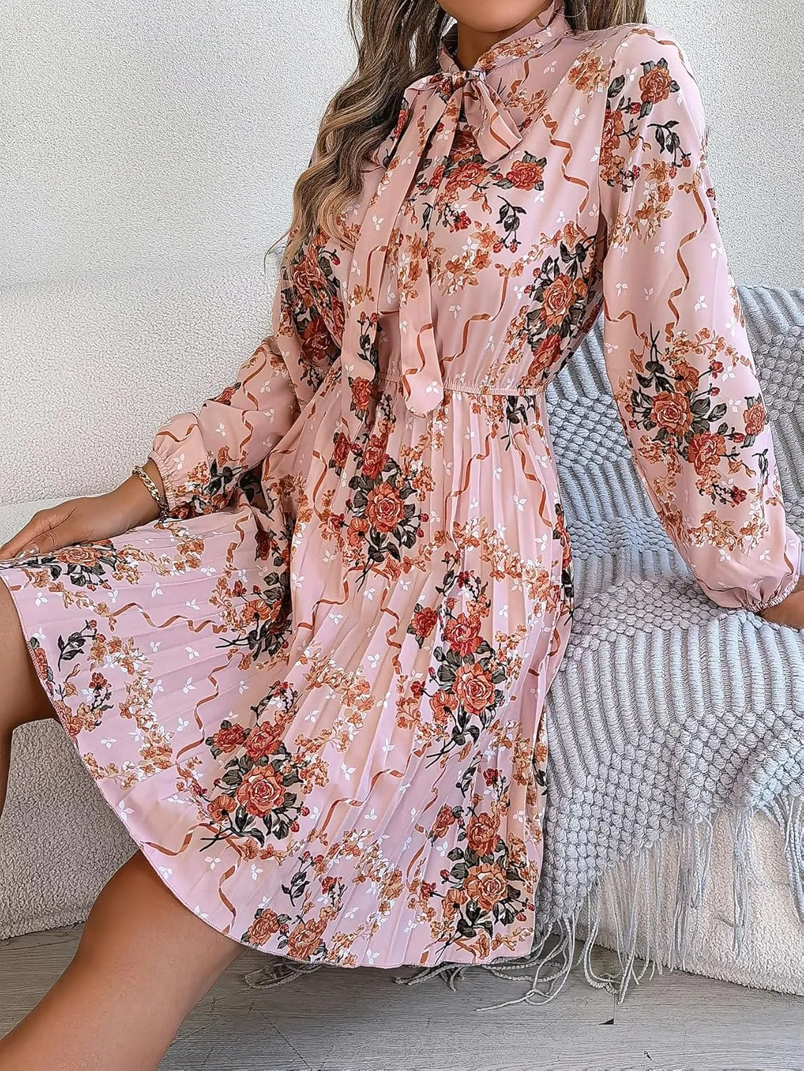 Womens Dresses 2024 Floral V Neck Ruffle Long Sleeve Chiffon Elastic Waist Casual A-Line Mini Dress S~XL