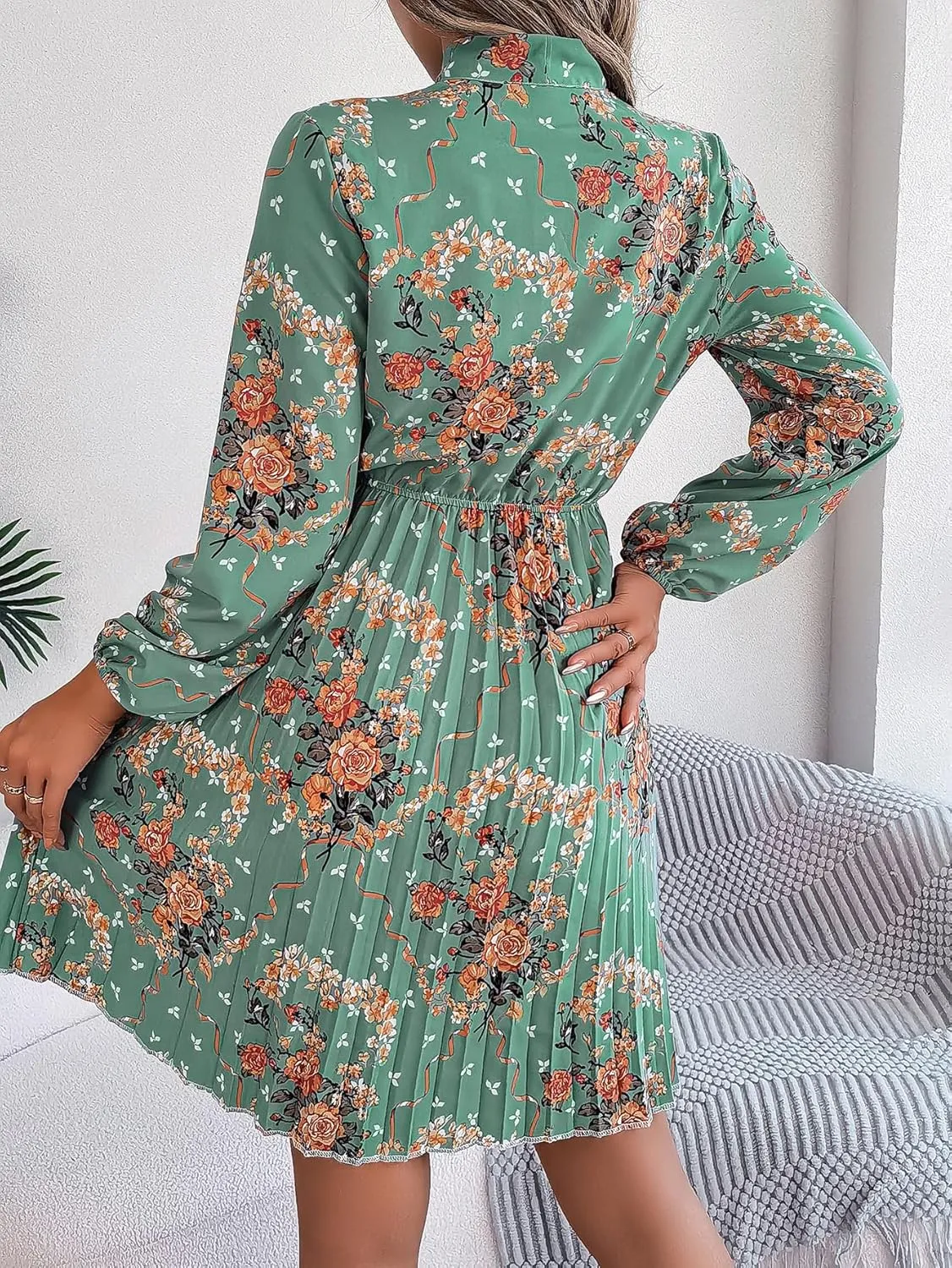 Womens Dresses 2024 Floral V Neck Ruffle Long Sleeve Chiffon Elastic Waist Casual A-Line Mini Dress S~XL