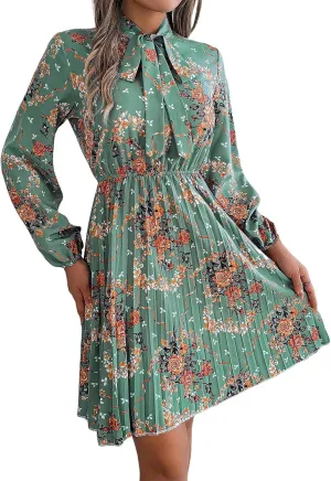 Womens Dresses 2024 Floral V Neck Ruffle Long Sleeve Chiffon Elastic Waist Casual A-Line Mini Dress S~XL