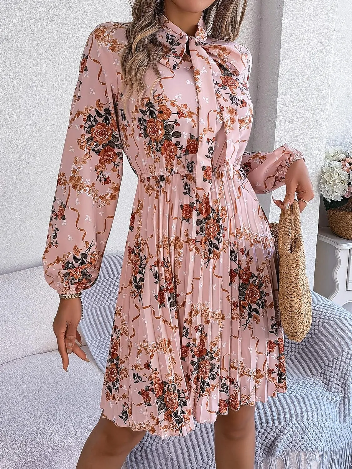 Womens Dresses 2024 Floral V Neck Ruffle Long Sleeve Chiffon Elastic Waist Casual A-Line Mini Dress S~XL