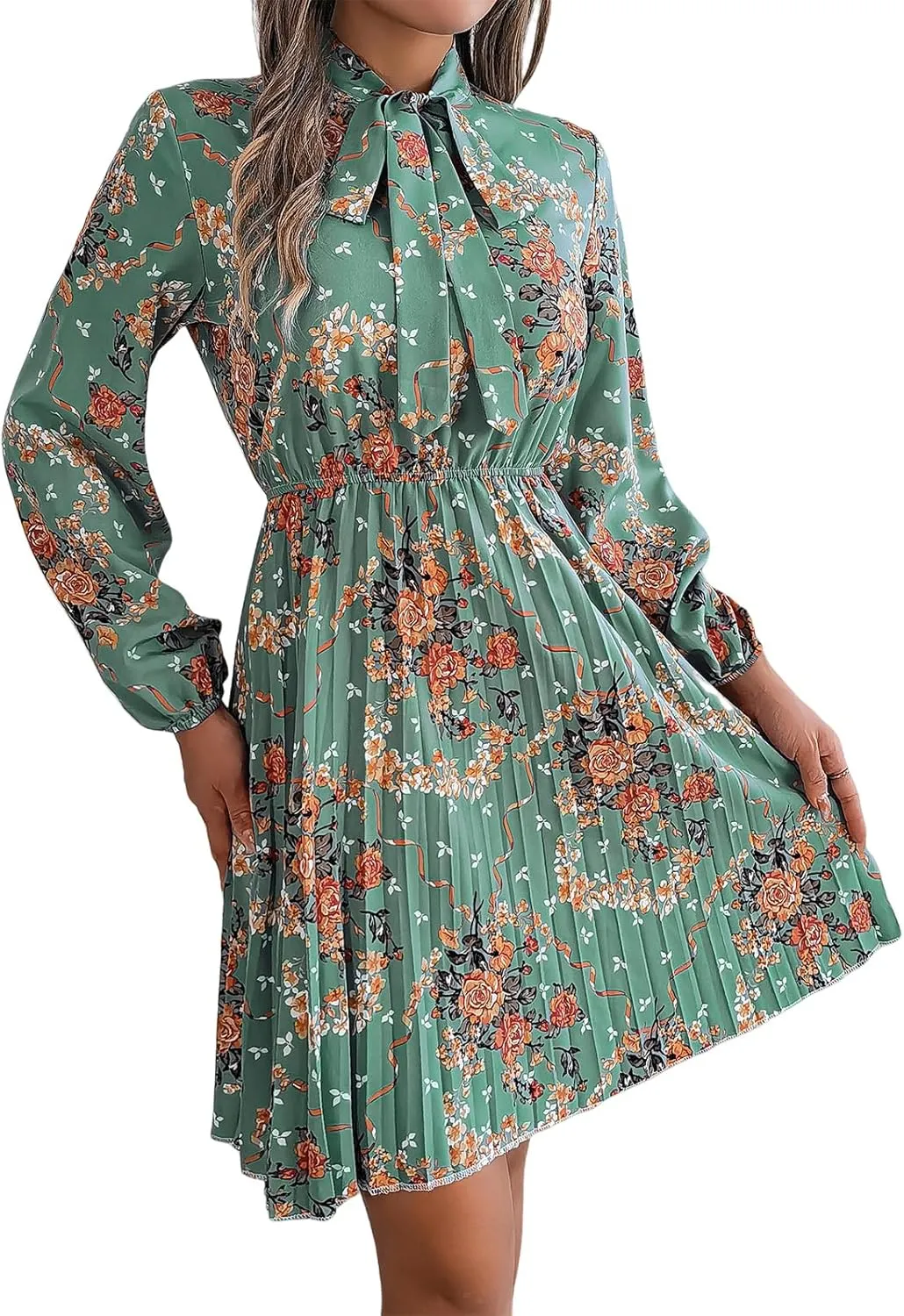 Womens Dresses 2024 Floral V Neck Ruffle Long Sleeve Chiffon Elastic Waist Casual A-Line Mini Dress