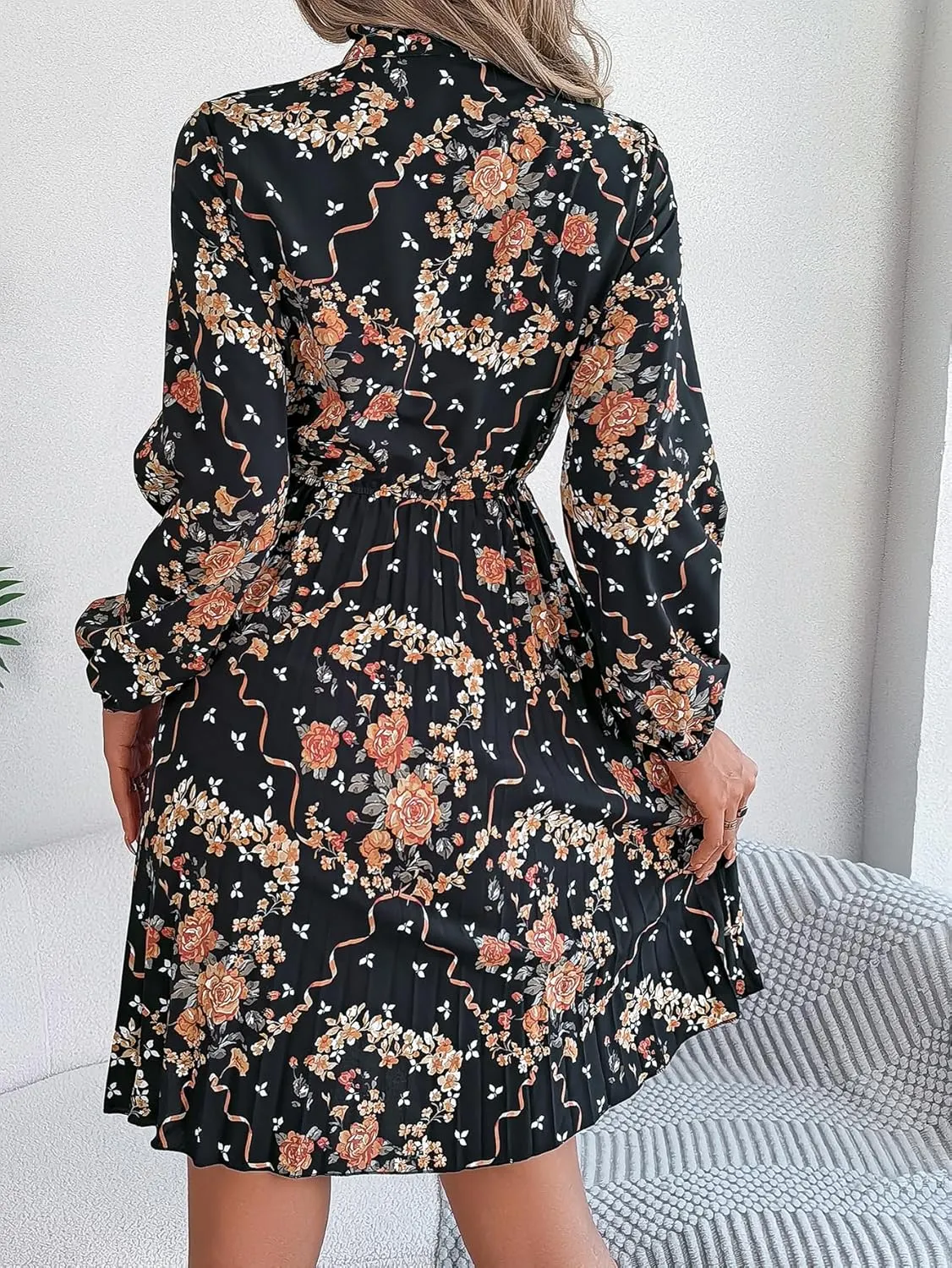 Womens Dresses 2024 Floral V Neck Ruffle Long Sleeve Chiffon Elastic Waist Casual A-Line Mini Dress