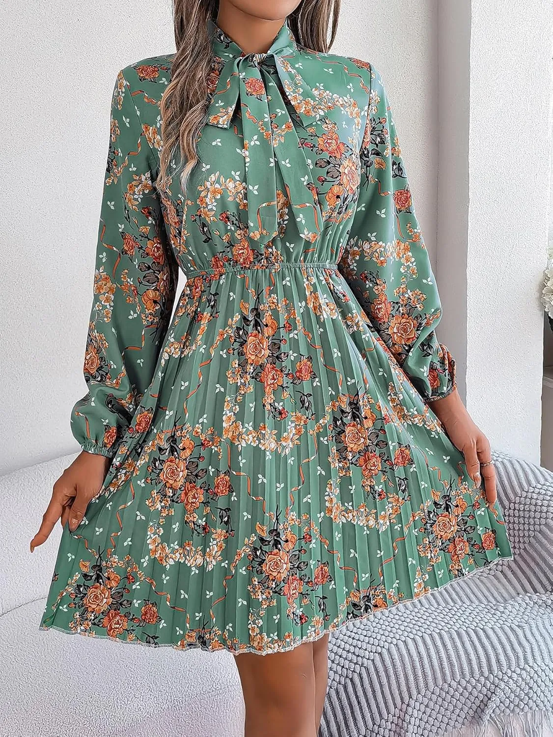 Womens Dresses 2024 Floral V Neck Ruffle Long Sleeve Chiffon Elastic Waist Casual A-Line Mini Dress
