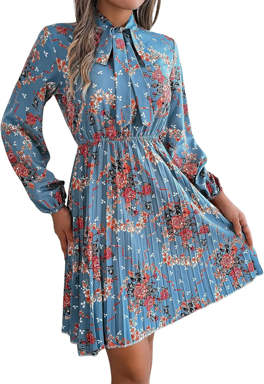 Womens Dresses 2024 Floral V Neck Ruffle Long Sleeve Chiffon Elastic Waist Casual A-Line Mini Dress