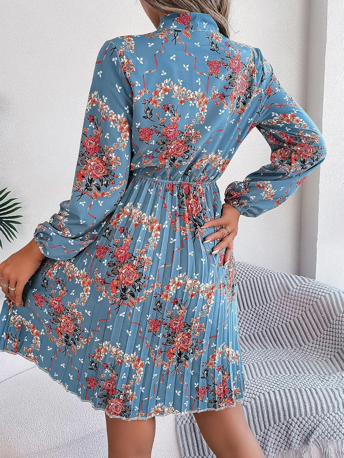 Womens Dresses 2024 Floral V Neck Ruffle Long Sleeve Chiffon Elastic Waist Casual A-Line Mini Dress