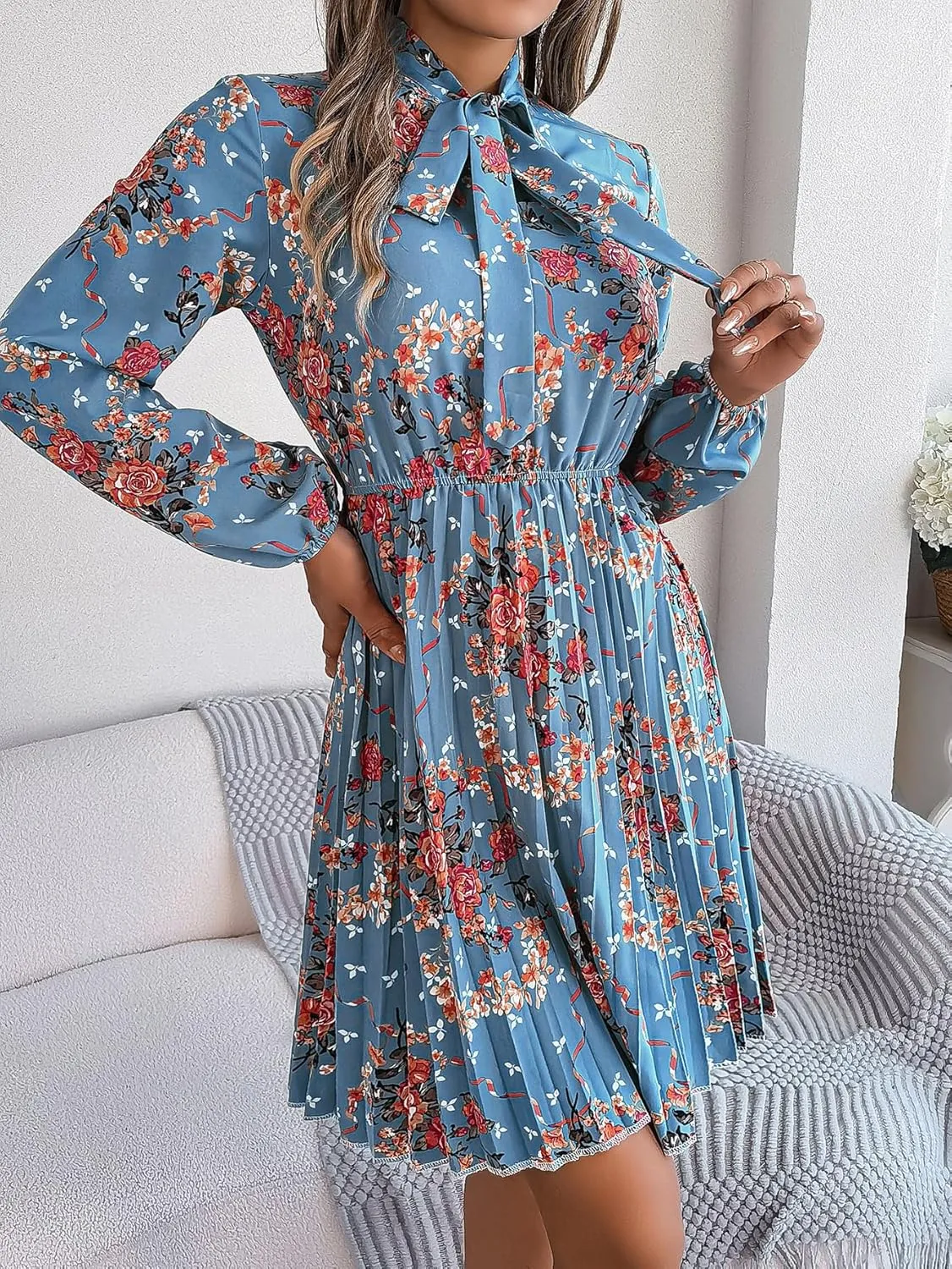 Womens Dresses 2024 Floral V Neck Ruffle Long Sleeve Chiffon Elastic Waist Casual A-Line Mini Dress