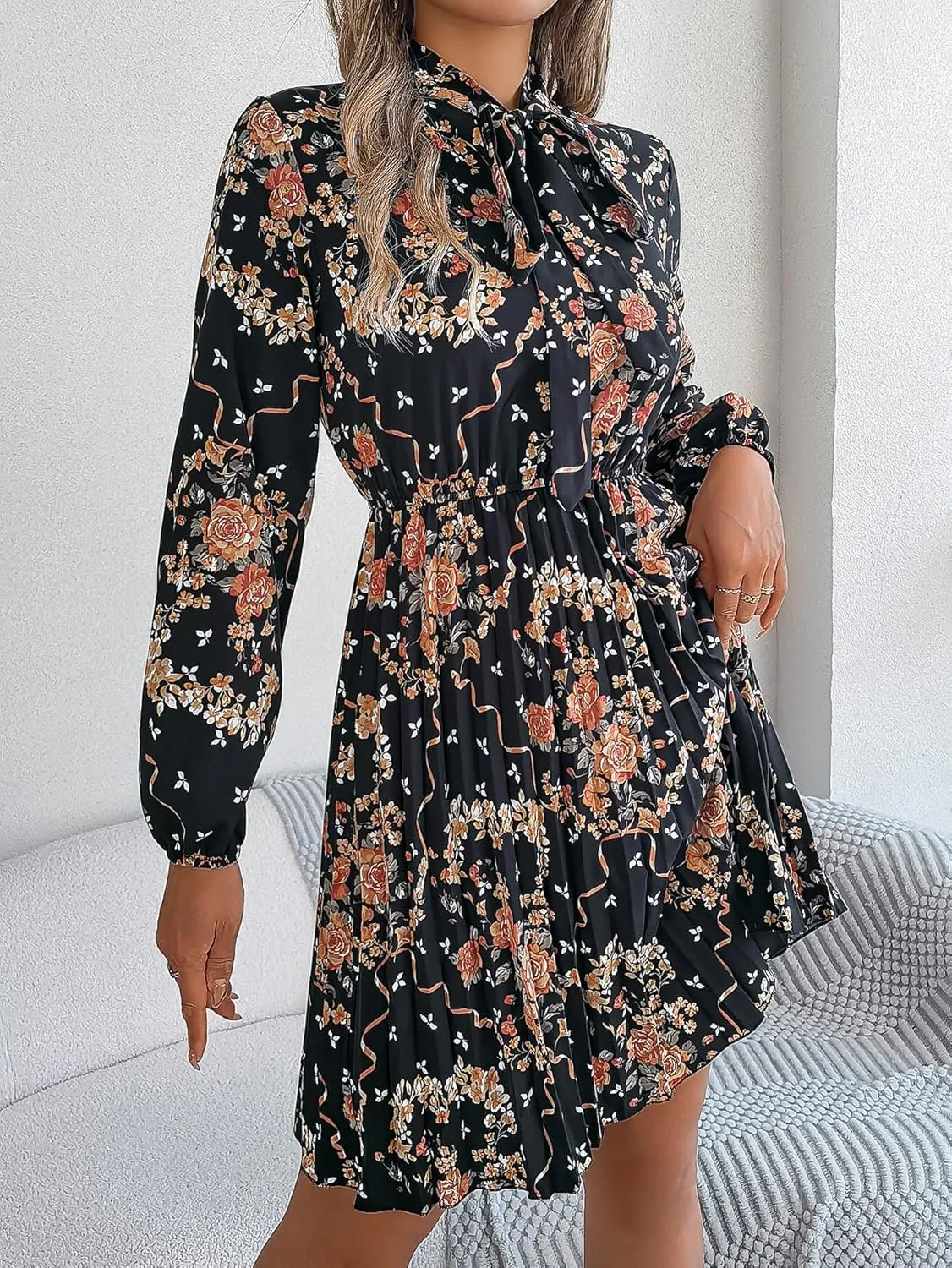 Womens Dresses 2024 Floral V Neck Ruffle Long Sleeve Chiffon Elastic Waist Casual A-Line Mini Dress