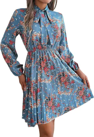 Womens Dresses 2024 Floral V Neck Ruffle Long Sleeve Chiffon Elastic Waist Casual A-Line Mini Dress