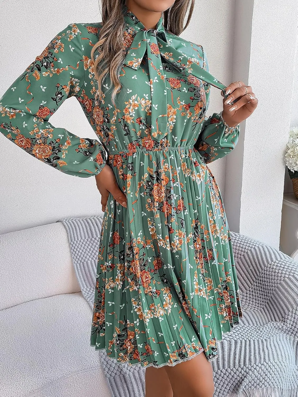 Womens Dresses 2024 Floral V Neck Ruffle Long Sleeve Chiffon Elastic Waist Casual A-Line Mini Dress
