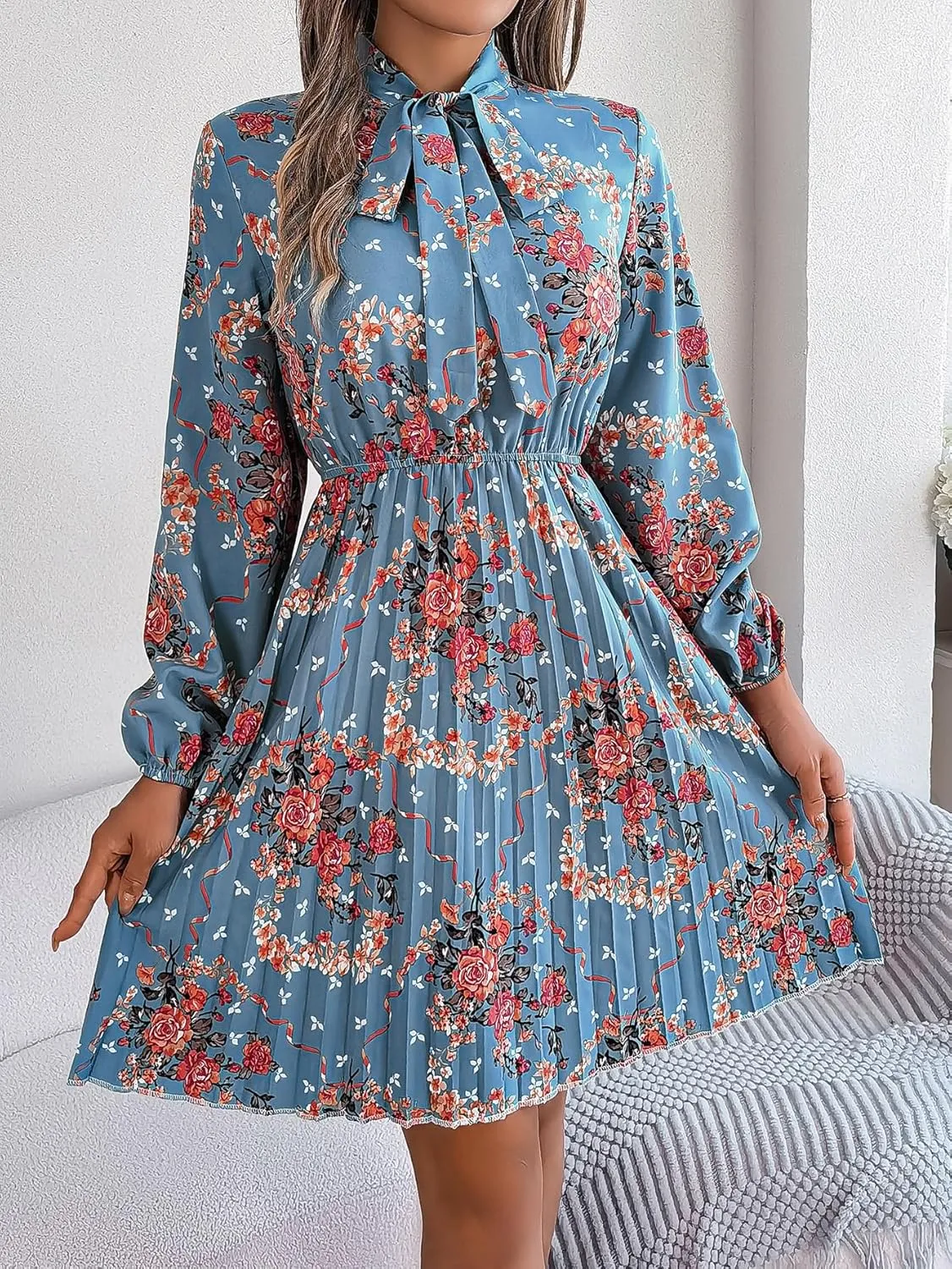 Womens Dresses 2024 Floral V Neck Ruffle Long Sleeve Chiffon Elastic Waist Casual A-Line Mini Dress
