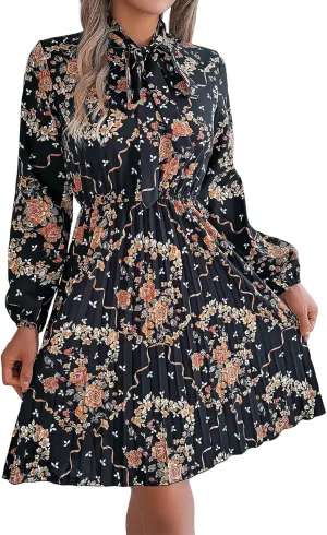 Womens Dresses 2024 Floral V Neck Ruffle Long Sleeve Chiffon Elastic Waist Casual A-Line Mini Dress