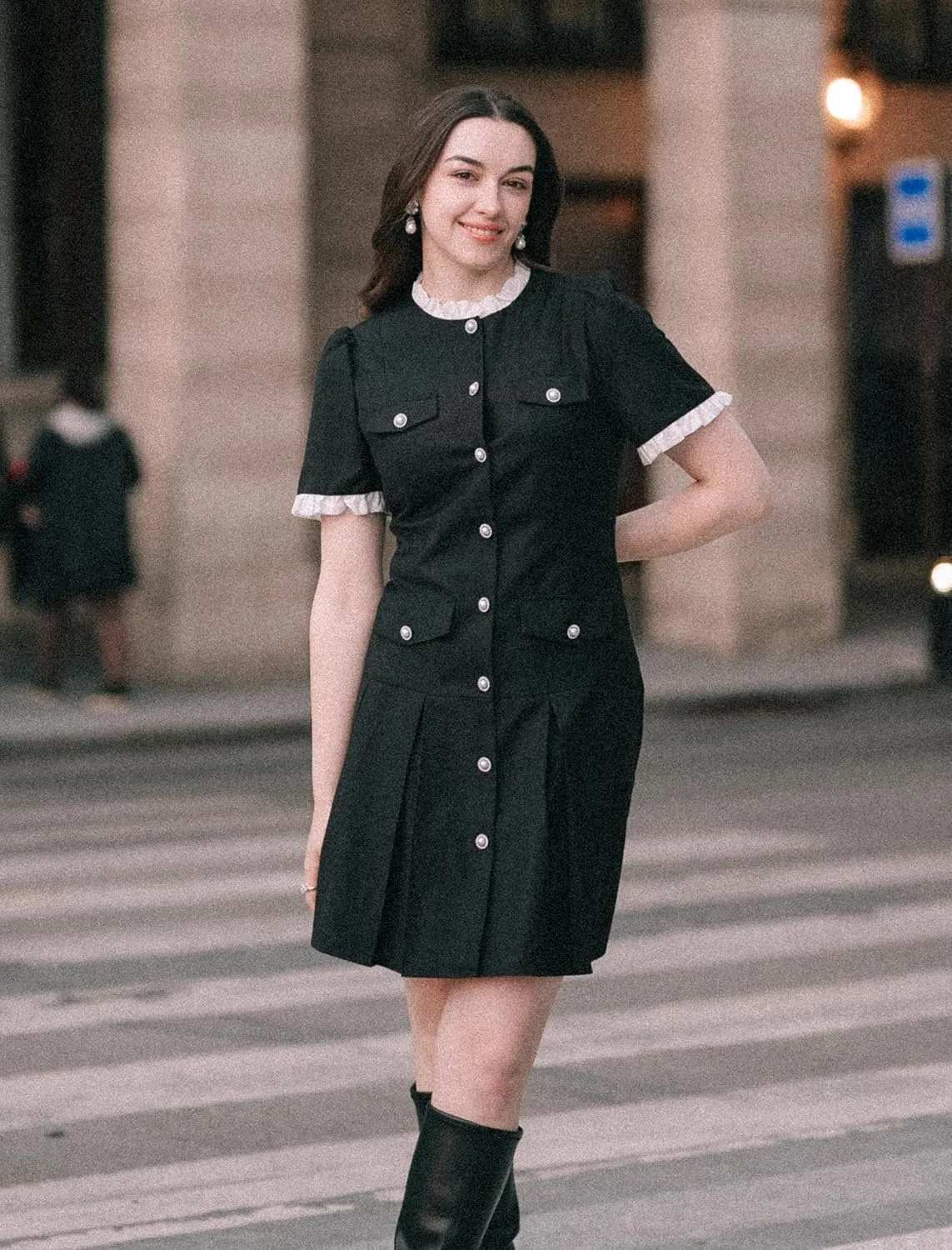Womens Dresses Casual A Line Mini Bussiness Work Summer Trendy Dresses for Women with Ruffles and Pearl Buttons