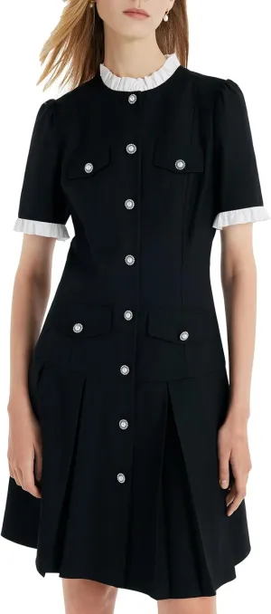 Womens Dresses Casual A Line Mini Bussiness Work Summer Trendy Dresses for Women with Ruffles and Pearl Buttons