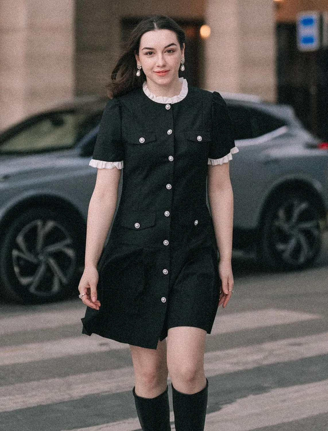 Womens Dresses Casual A Line Mini Bussiness Work Summer Trendy Dresses for Women with Ruffles and Pearl Buttons
