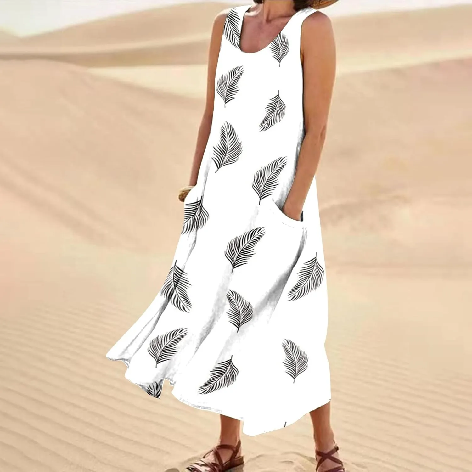 Womens Dresses Simple Casual Solid Color Sleeveless Dresses Cozy Cotton Dresses Summer Gradient Printed Long Dresses