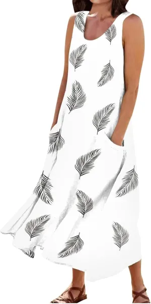 Womens Dresses Simple Casual Solid Color Sleeveless Dresses Cozy Cotton Dresses Summer Gradient Printed Long Dresses