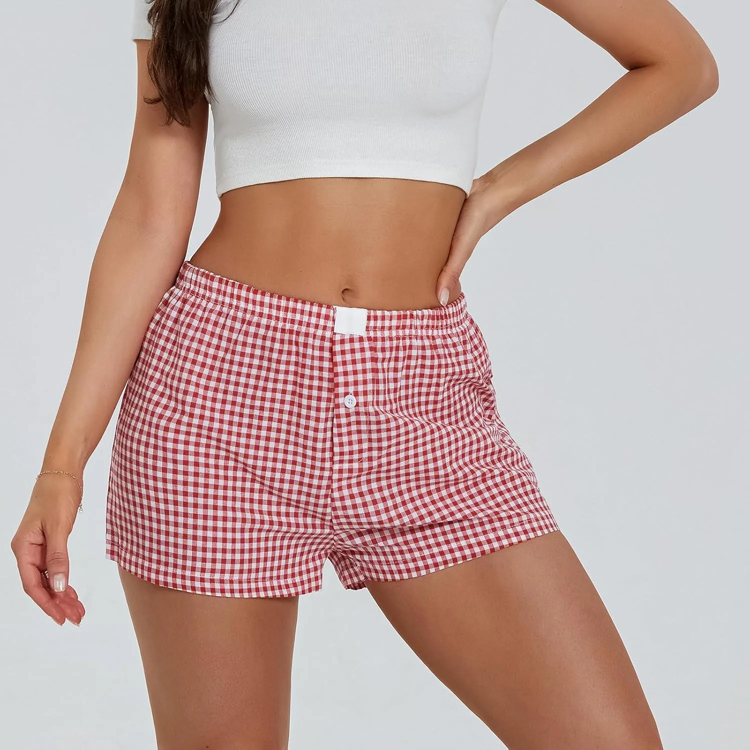 Women's Elastic Waisted Plaid Shorts Y2K Lounge Pajama Shorts Cute Sleeping Boxer Shorts for Women Gingham Shorts