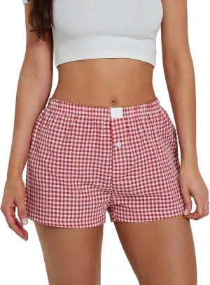 Women's Elastic Waisted Plaid Shorts Y2K Lounge Pajama Shorts Cute Sleeping Boxer Shorts for Women Gingham Shorts