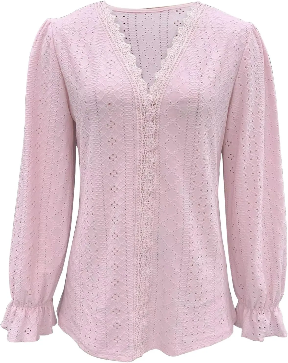 Womens Elegant T Shirts Casual Hollow Out Embroidered Ruffle Trim Long Sleeve Blouse Fashion V Neck Party Holiday Top