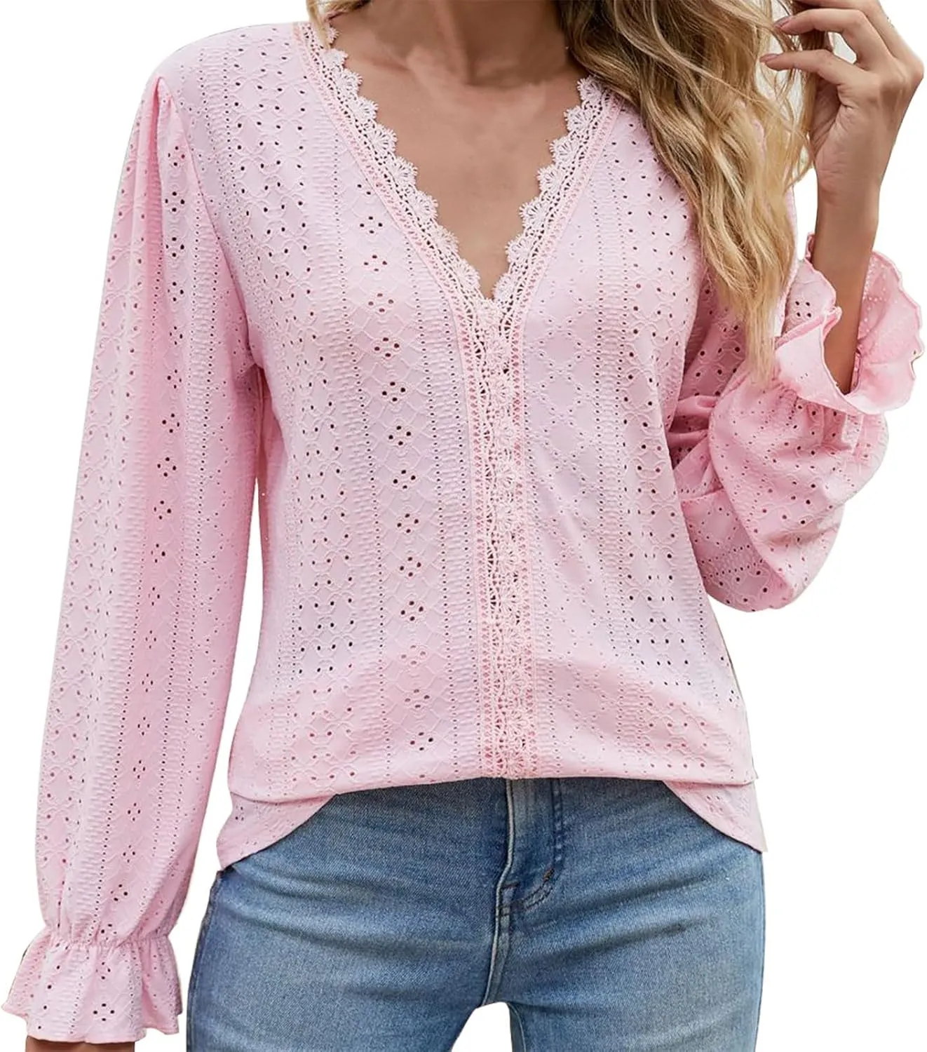 Womens Elegant T Shirts Casual Hollow Out Embroidered Ruffle Trim Long Sleeve Blouse Fashion V Neck Party Holiday Top