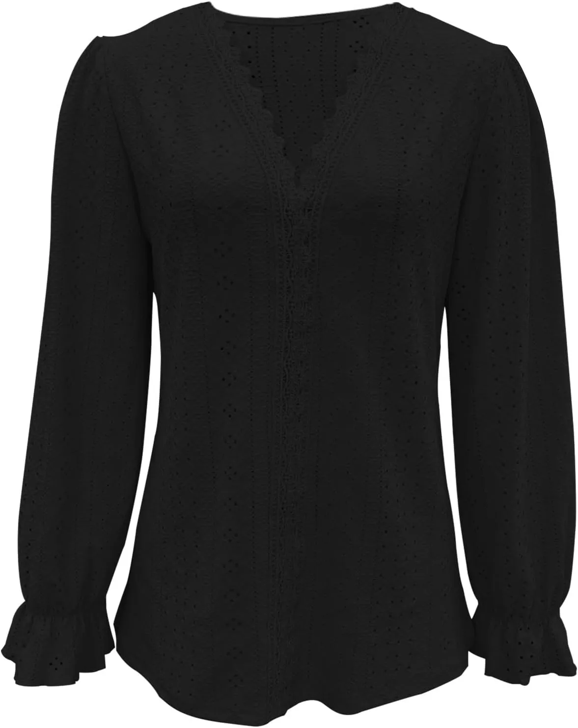 Womens Elegant T Shirts Casual Hollow Out Embroidered Ruffle Trim Long Sleeve Blouse Fashion V Neck Party Holiday Top
