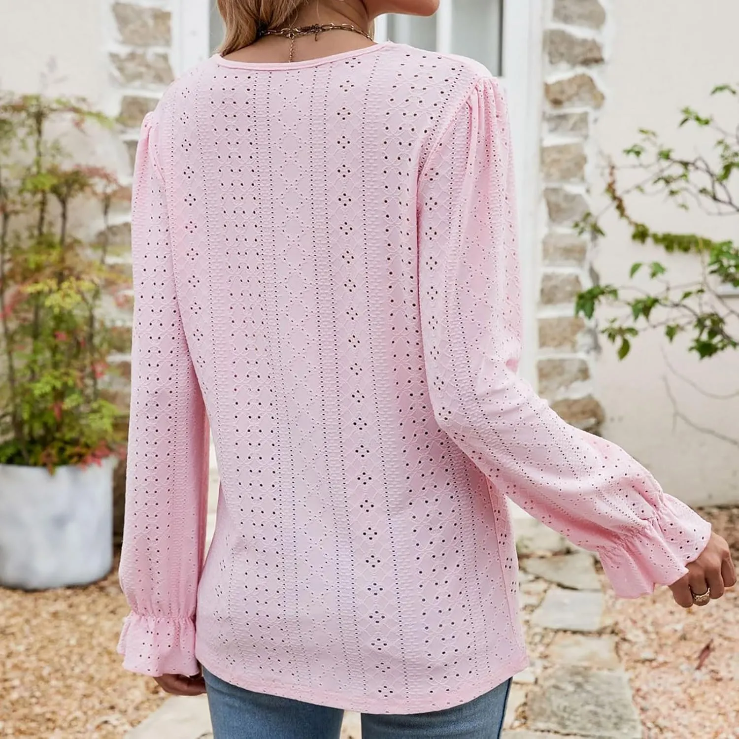 Womens Elegant T Shirts Casual Hollow Out Embroidered Ruffle Trim Long Sleeve Blouse Fashion V Neck Party Holiday Top
