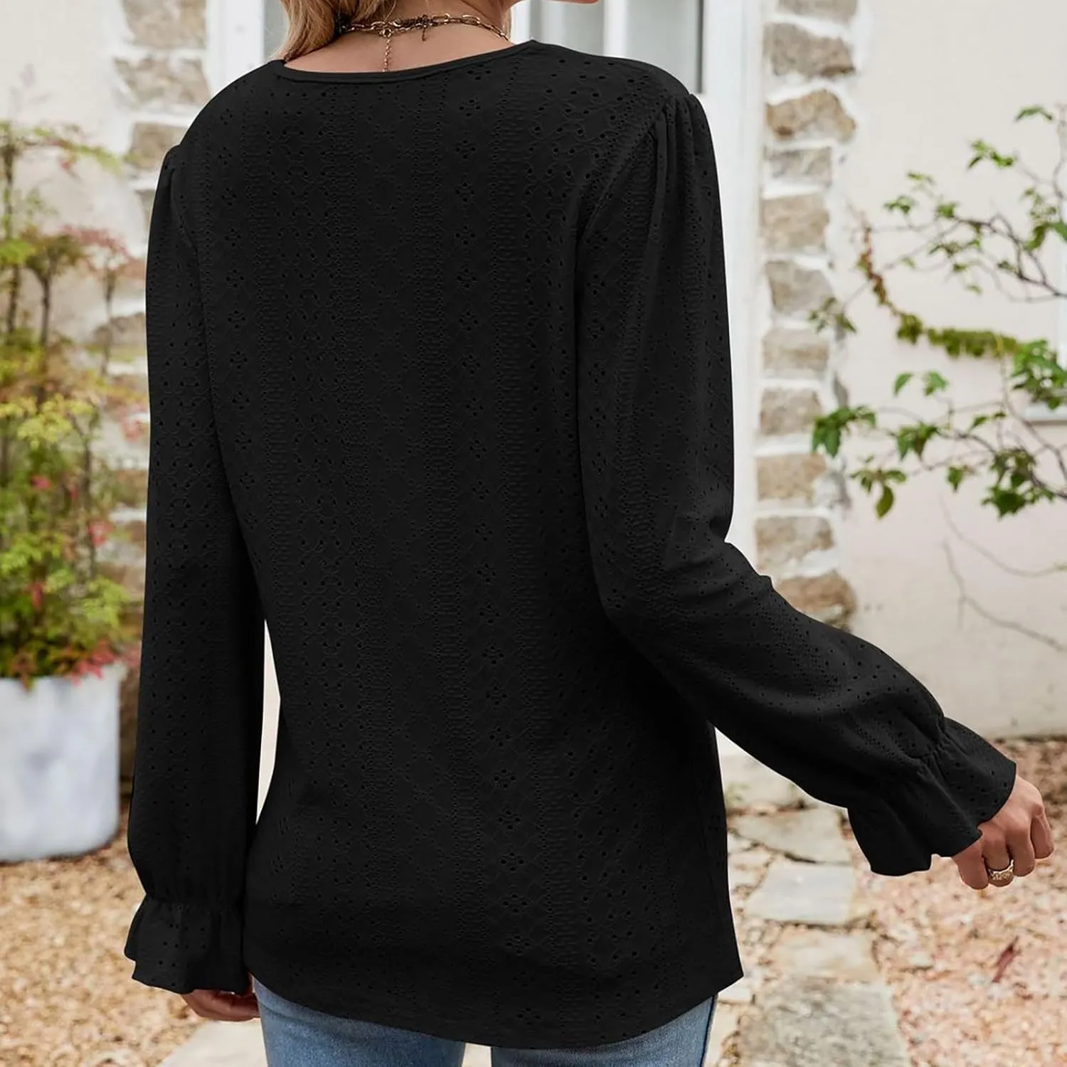 Womens Elegant T Shirts Casual Hollow Out Embroidered Ruffle Trim Long Sleeve Blouse Fashion V Neck Party Holiday Top