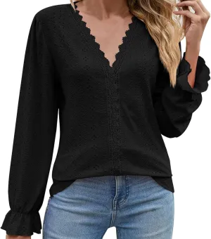 Womens Elegant T Shirts Casual Hollow Out Embroidered Ruffle Trim Long Sleeve Blouse Fashion V Neck Party Holiday Top